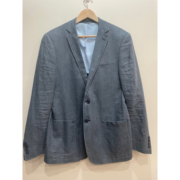Calvin Klein Blue Linen Chambray Blazer 40R 2 button Sport Coat Coastal Resort - Picture 1 of 8
